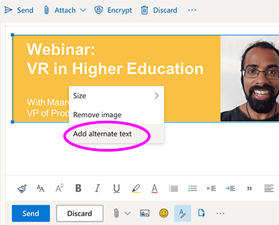 New message screen in Outlook, showing the add alt text popup for images