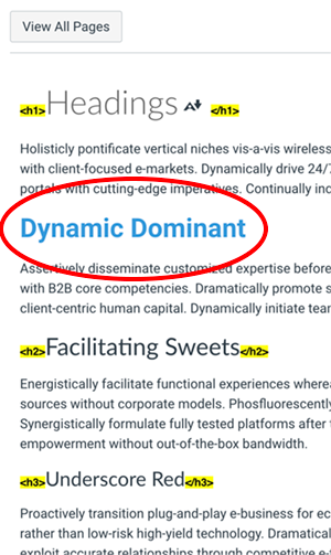 Paul J Adams bookmarklet showing no markup on a fake heading