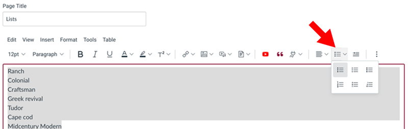 Canvas Rich Content Editor list dropdown
