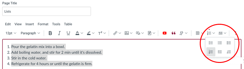 Creating an ordered list in Canvas with the numbered list button in the rich-text toolbar